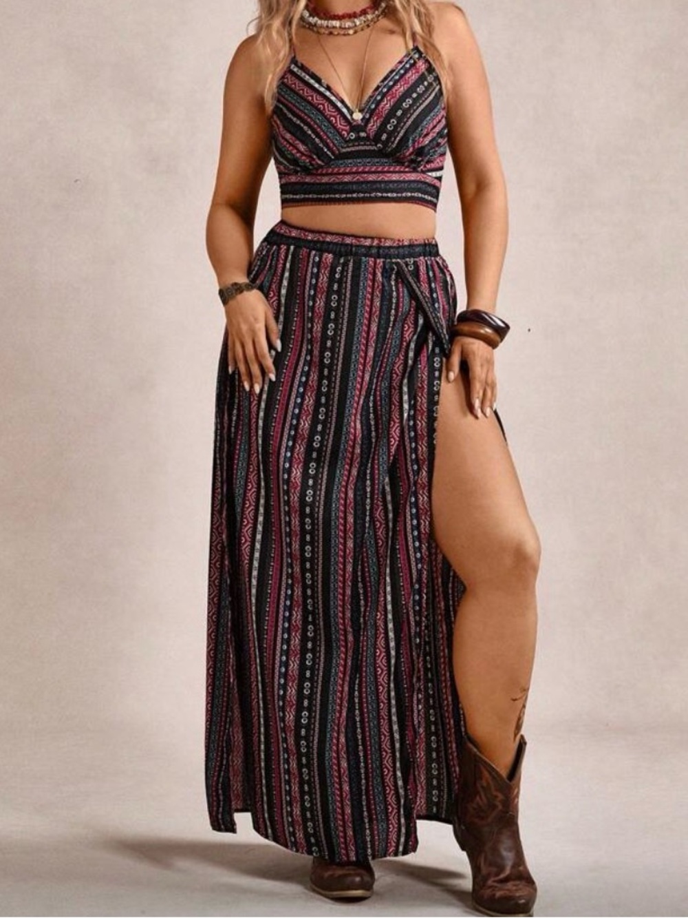 SHEIN Curve Boho Print Crop Top & Maxi Skirt